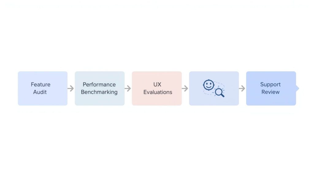 A flowchart representation illustrating the five-step evaluation approach Feature Audit → Performance Benchmarking → UX Evaluation → Quality Assessment