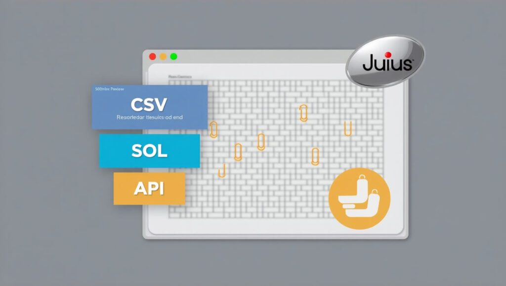 Julius AI data connect screen showing options for CSV, SQL, API,