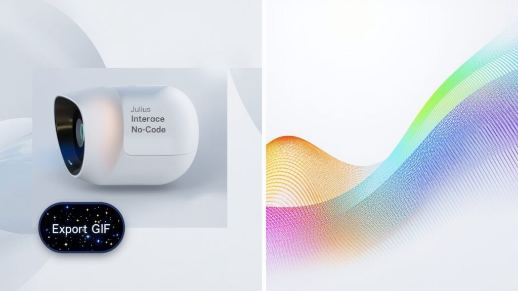 Julius AI no-code dashboard, conversational interface, forecasting graph, and animated GIF export button