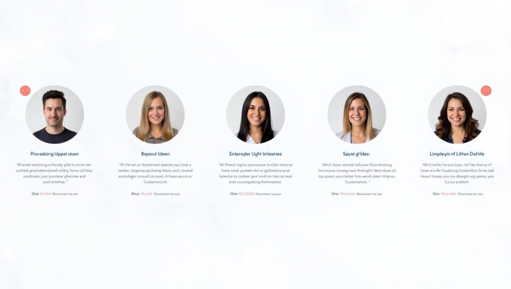 five customer reviews with headshots and short quotes